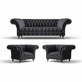 Chesterfield Schwarze Sitzgarnitur Wohnzimmer 3-Sitzer Couch 2x Sessel