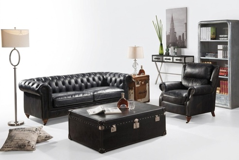 Chesterfield Sofa 3 Sitzer mit Sessel Schwarz Vintage Leder Möbel Stil 2tlg.