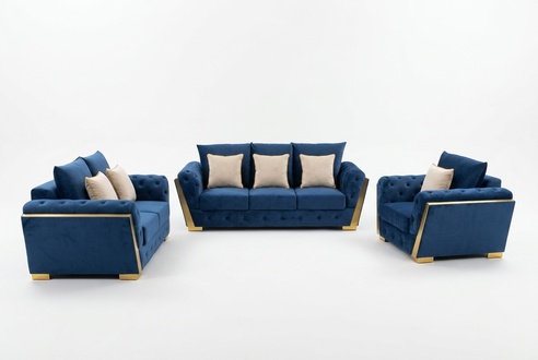 Chesterfield Sofa Couch Garnitur Sofagarnitur Couchen Möbel Blau 3tlg.