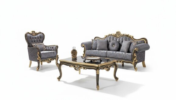 Chesterfield Sofagarnitur Polstersofa Sofa Blau Dreisitzer Sessel Set