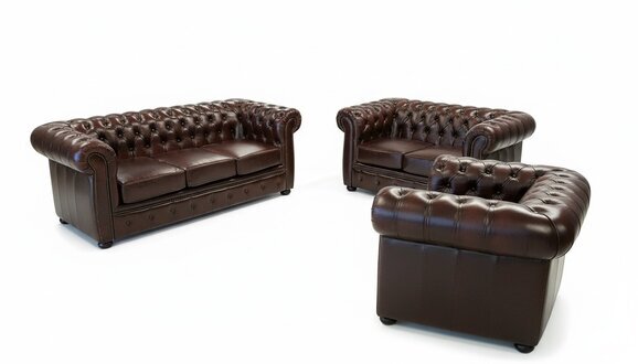 Chesterfield Sofagarnitur Sofa Couch 3+2+1 Polster Garnitur 100% Leder Antik Rot