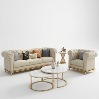 Chesterfield Stoffsofa Couch Polster Sofagarnitur 3tlg. Wohnzimmer Couchtisch
