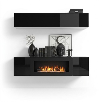 Wohnwand Schwarz Hänge Sideboard Schrank Kommode 2tlg mit Kamin Hochglanz