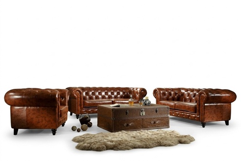 Design Chesterfield Sofagarnitur 3+2+1 Couch Leder Vintige Couch