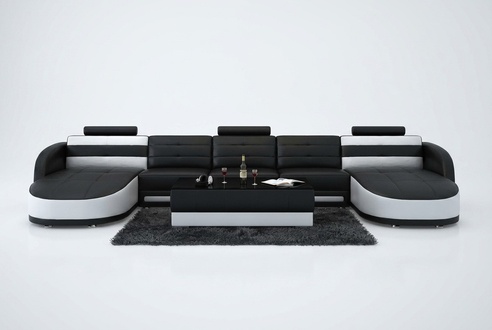 Design Leder Wohnlandschaft Eck Sofa Moderne Garnitur Couch Ecke USB Neu Schwarz