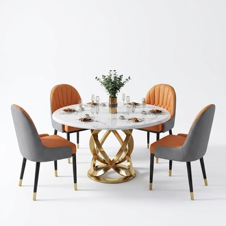 Design Rund Ess Zimmer Stuhl Set Tische Metall Sessel 4x Stühle + Tisch