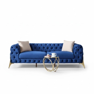 Design Wohnzimmer Luxus Sofa 3 Sitzer Chesterfield Sofa Blau Textil Hochwertig