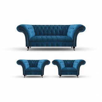 Designer Blaue Chesterfield Polstermöbel Wohnzimmer Couch 2x Sessel 3tlg