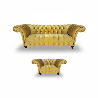 Designer Chesterfield Couchen Gelber Sessel Moderner Dreisitzer 2tlg Set