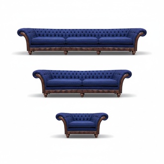 Designer Chesterfield Couchgarnitur Edler Blauer Dreisitzer Sessel 3tlg