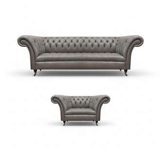 Designer Chesterfield Ledergarnitur Dreisitzer Sofa Edler Sessel 2tlg