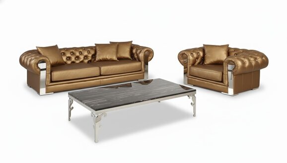 Designer Chesterfield Sofagarnitur 3+1 Couch Polster Gold Sofa