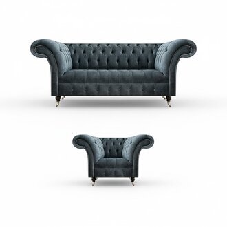 Designer Graues Chesterfield Sitzset Moderner Einsitzer Dreisitzer 2tlg