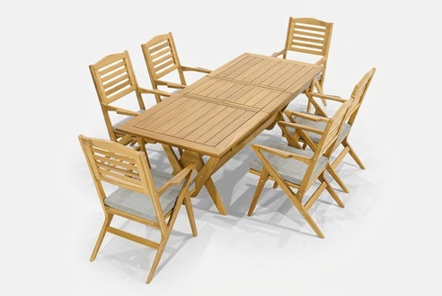 Designer Outdoor Garnitur Holzstühle Robuster Esstisch Edle Garten Möbel