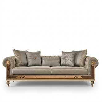 Dreisitzer Couch Sofa Sitzer Grau Stoff Stoffsofa Klassisch Holz Gold