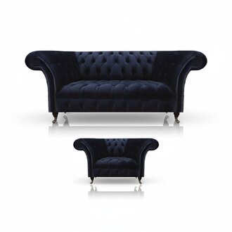 Dunkelblaue Chesterfield Wohnzimmer Garnitur Lehnsessel 3-Sitzer 2tlg