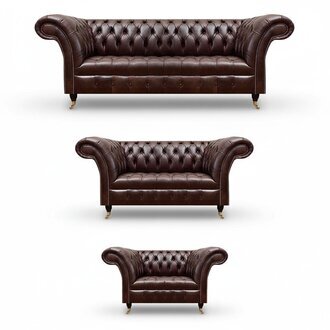 Dunkelbraune Chesterfield Couchgarnitur Ledersofas Designer Sessel 3tlg