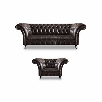 Dunkelbraune Chesterfield Garnitur Ledersessel Designer Couch 2tlg Set