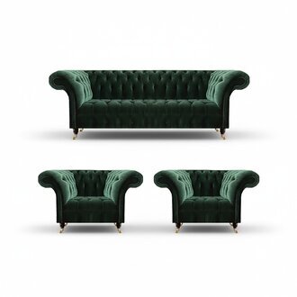 Dunkelgrüne Chesterfield Sessel Wohnzimmer Dreisitzer Luxus Couch 3tlg