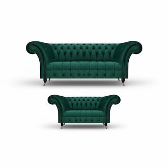Dunkelgrüne Chesterfield Sofas Komplette Wohnzimmer Couch Garnitur 2tlg