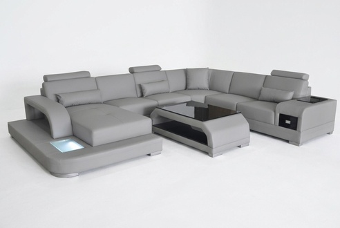 Eck Sofa mit USB Polster Couch Sitz Grau Leder Garnitur Moderne Wohnlandschaft