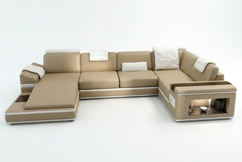 Ecksofa Beige Sofa Couch Polster Leder Garnitur Wohnlandschaft Ecke Wohn