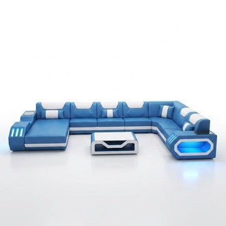 Ecksofa U-Form Couchtisch Couch Design Grau Polster Leder Modern Wohnlandschaft