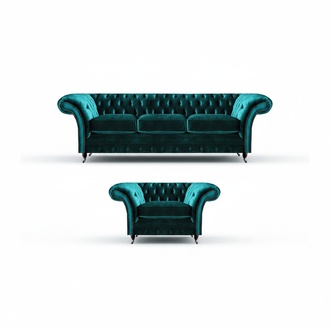 Edle Chesterfield Grüne Polstersofas Designer Textilcouchen 2tlg Set