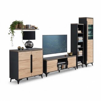Edle Designer Wohnwand Grau Beige Wohnwände Vitrine Kommode