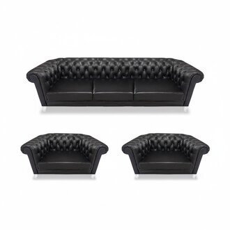 Edles Chesterfield Schwarzes Sofa Luxuriöse Ledersessel 2x Einsitzer