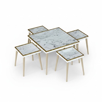 Eleganter weißer Couchtisch mit Beistelltischen aus Holz und Edelstahl
