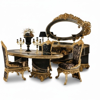 Elegantes 10-tlg. Esszimmer Set aus Holz und Glas in Schwarz-Gold
