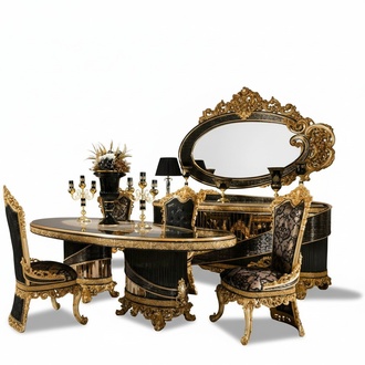 Elegantes 9-tlg. Esszimmer Set Schwarz Holz Glas mit Spiegel