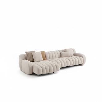 Elegantes beige L-Form Ecksofa aus Textil und Holz