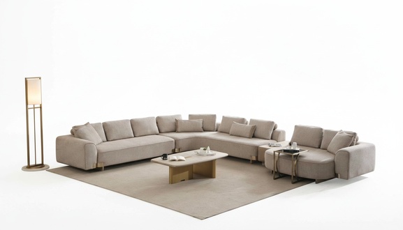 Elegantes Beige U-Form Ecksofa aus Textil und Holz