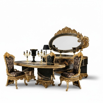 Elegantes schwarzes Esstisch- und Stuhlset aus Holz und Glas
