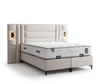 Elegantes weißes Bett mit Matratze aus Textil und Holz