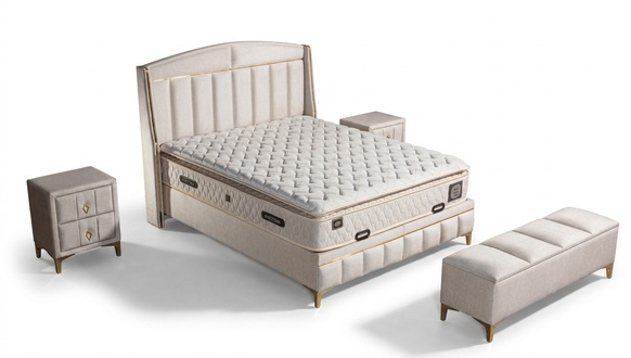 Elegantes weißes Bett mit Matratze aus Textil und Edelstahl