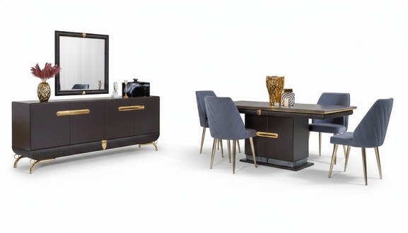 Esszimmer Edelstahl Garnitur Designer Esstisch 4x Stühle Kommode 7tlg