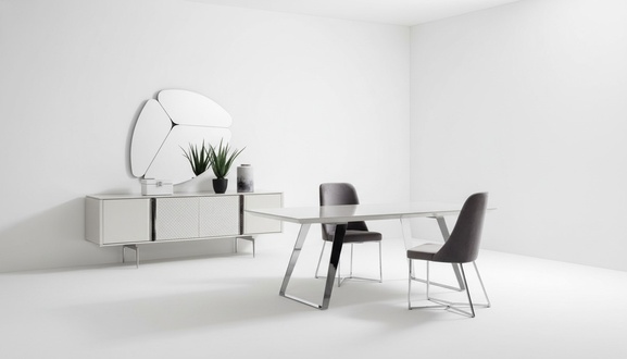 Esszimmer Gruppe Set Tisch 4x Stühle Anrichte Spiegel 7tlg. Grau Essgarnitur