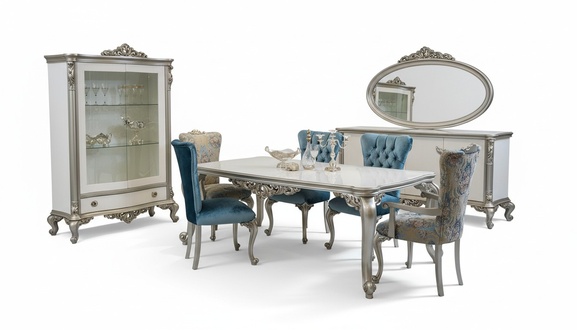 Esszimmer Set Garnitur Vitrine Tisch 6x Stuhl Kommode Spiegel Art déco 10tlg