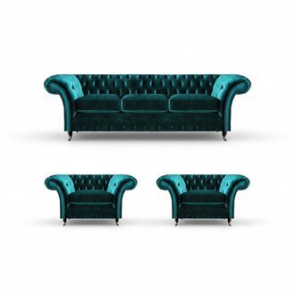 Exklusive Chesterfield Grüne Couchen 2x Edle Polstersessel 3-Sitzer 3tlg