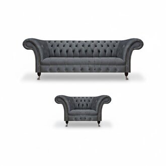 Exklusive Graue Chesterfied Garnitur Designer Sessel Moderner 3-Sitzer