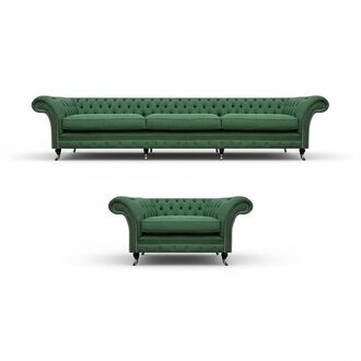 Exklusive Grüne Chesterfield Garnitur Komplettes Set Sessel 3-Sitzer