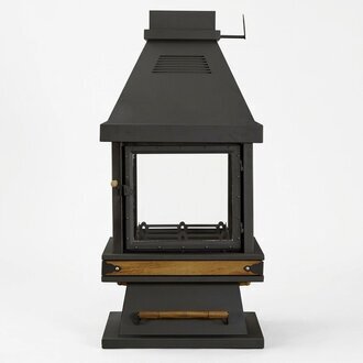 Freistehender Kamin in Schwarz aus Edelstahl Holz und Glas