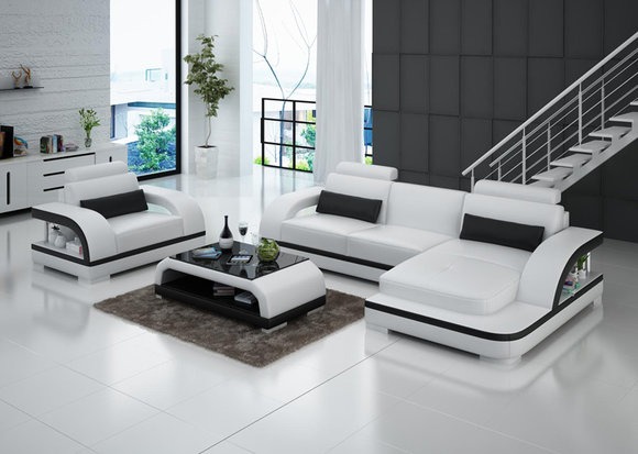 Ledersofa Couch Wohnlandschaft Ecksofa + 1Sitzer Garnitur Modern Sofa G8011E