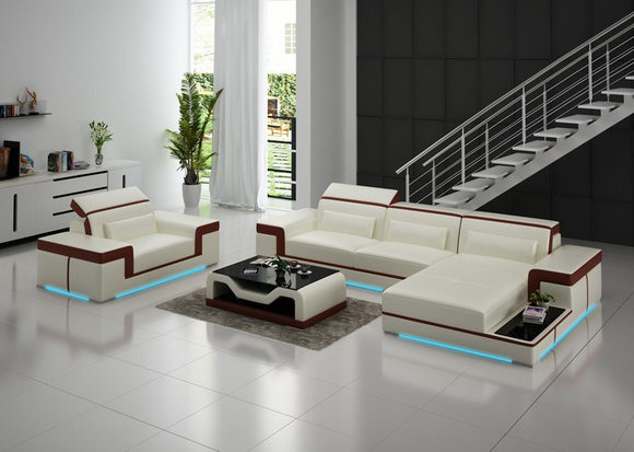 Ledersofa Couch Wohnlandschaft Ecksofa + Sessel Eck Garnitur Dekor Design