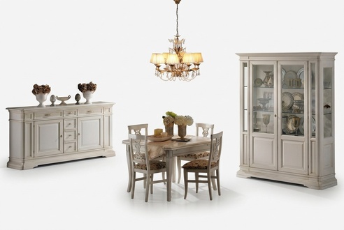 Garnitur 7tlg Holz Möbel Kommode 4x Stuhl Tisch Vitrine Gruppe Esszimmer Set
