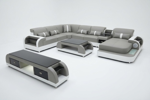 Garnitur Design Wohnlandschaft Ecksofa Sofa Couch U-Form Couchtisch Leder 2tlg