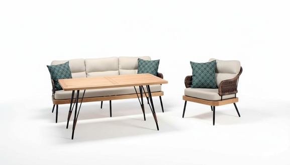 Gartenmöbel Beige Garten Rattan Garnitur Couchtisch Sessel Sofa 3 Sitzer 3tlg